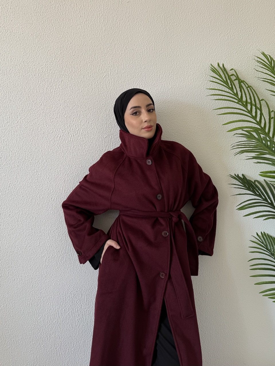 Tam boy kaşe kaban - bordo - Görsel 2