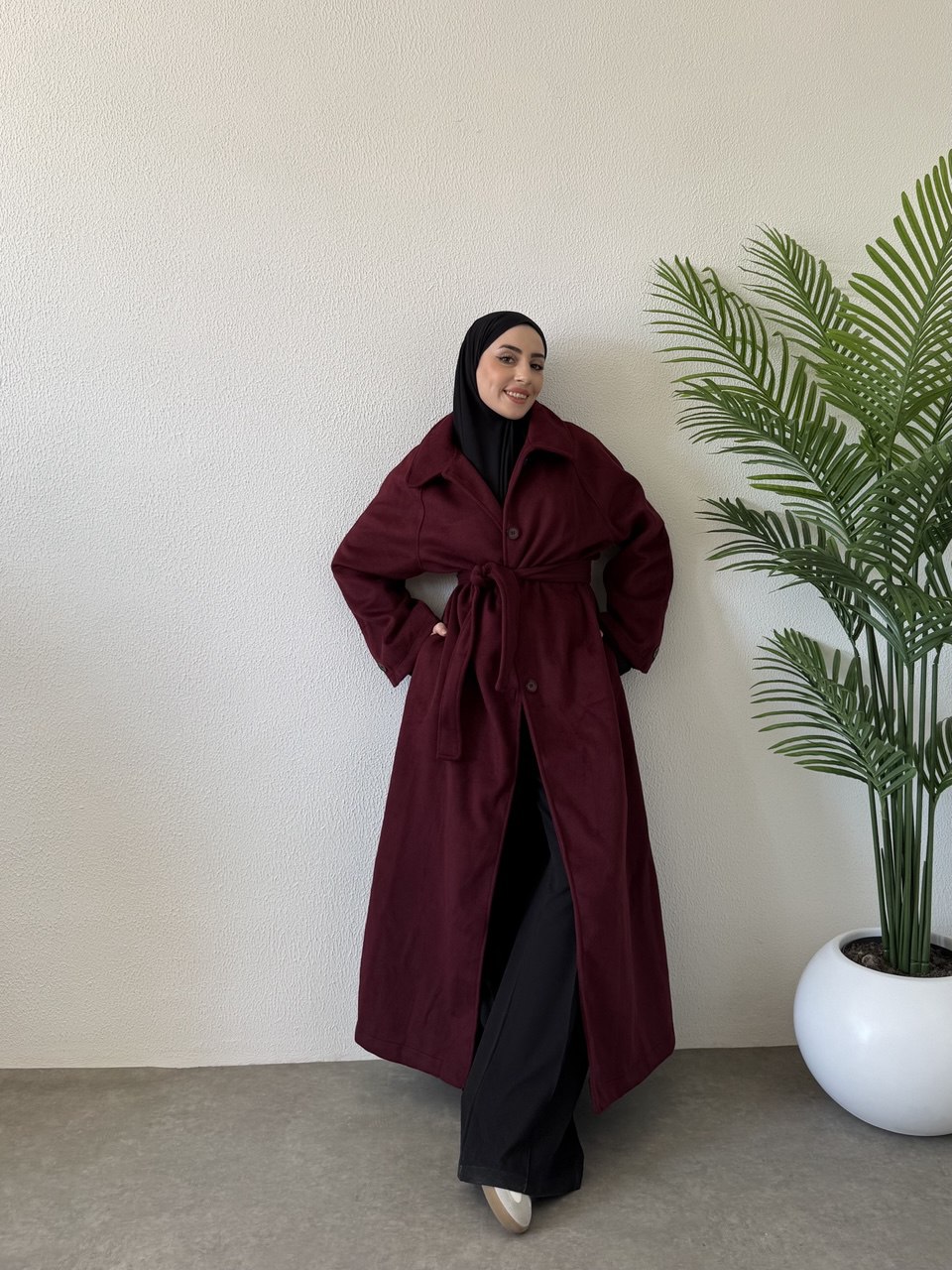 Tam boy kaşe kaban - bordo - Görsel 3