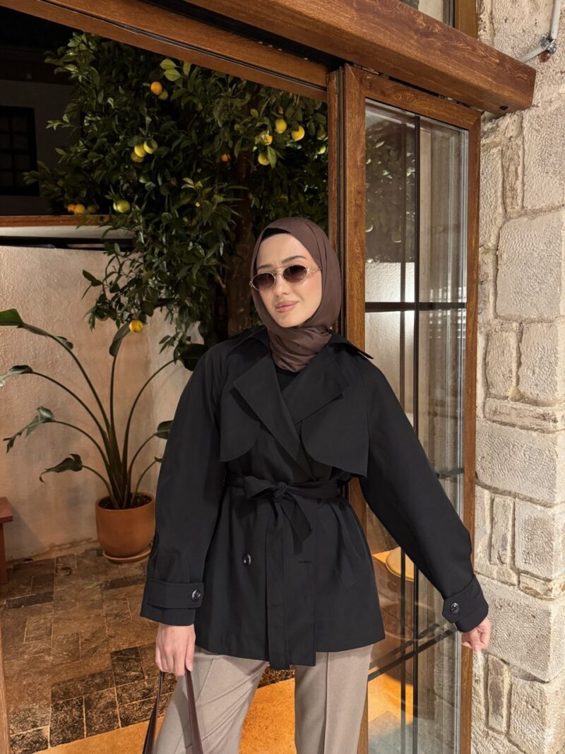 Bel bağlamalı kısa trençkot - siyah